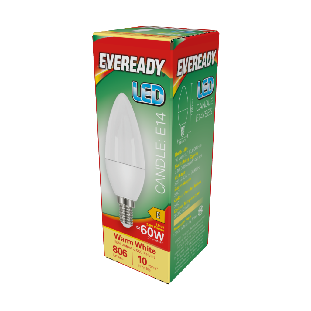 S17377 Eveready LED Candle E14 (SES) 806lm 7.3W 3,000K (Warm White), Box of 1