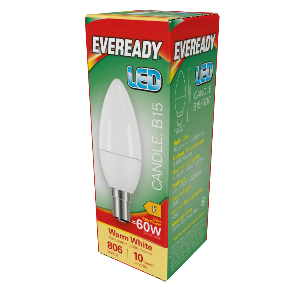 S17381 Eveready LED Candle B15 (SBC) 806lm 7.3W 3,000K (Warm White), Box of 1