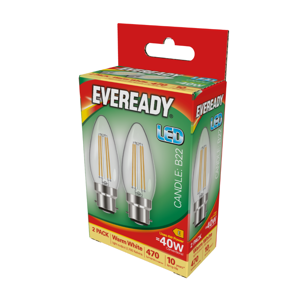 S17394 Eveready LED Filament Candle B22 (BC) 470lm 4W 2,700K (Warm White), Box of 2