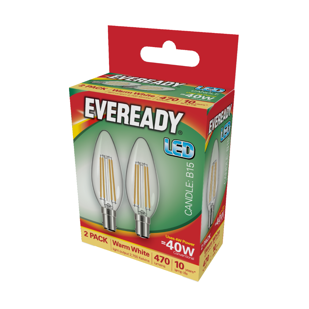 S17395 Eveready LED Filament Candle B15 (SBC) 470lm 4W 2,700K (Warm White), Box of 2