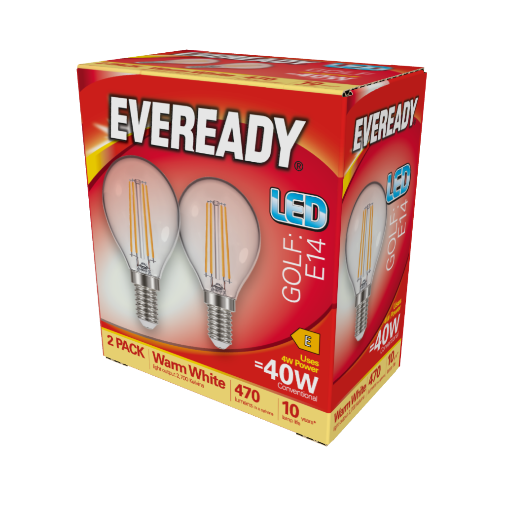 S17400 Eveready LED Filament Golf E14 (SES) 470lm 4W 2,700K (Warm White) Box of 2
