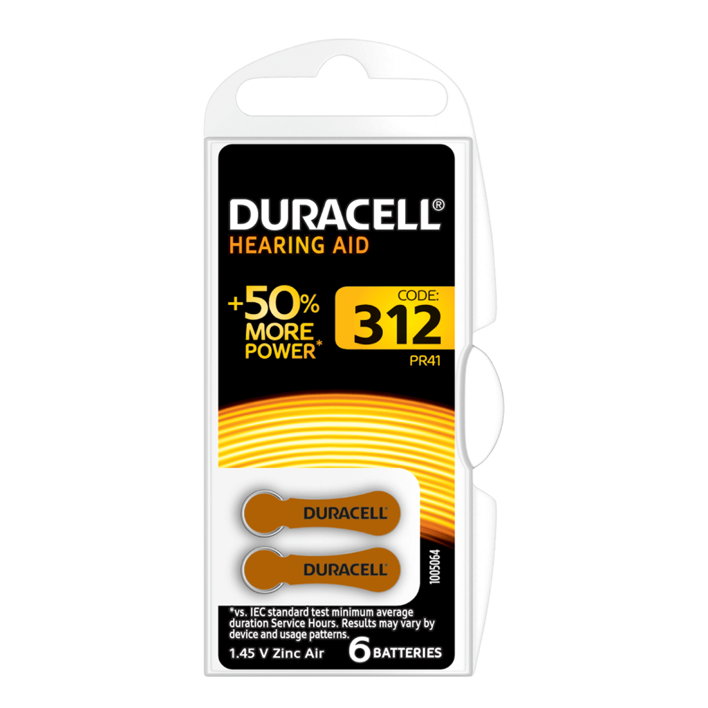 S447 Duracell 312 Hearing Aid Batteries, Pack of 6