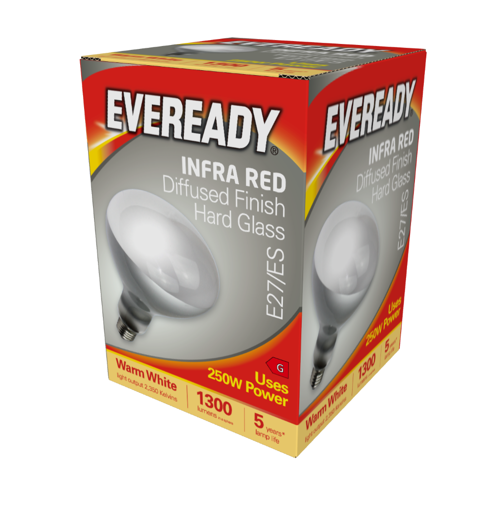 S5949 Eveready Infra Red Heater Lamp E27 (ES) 1,300lm 250W 2,700K (Warm White), Box of 1