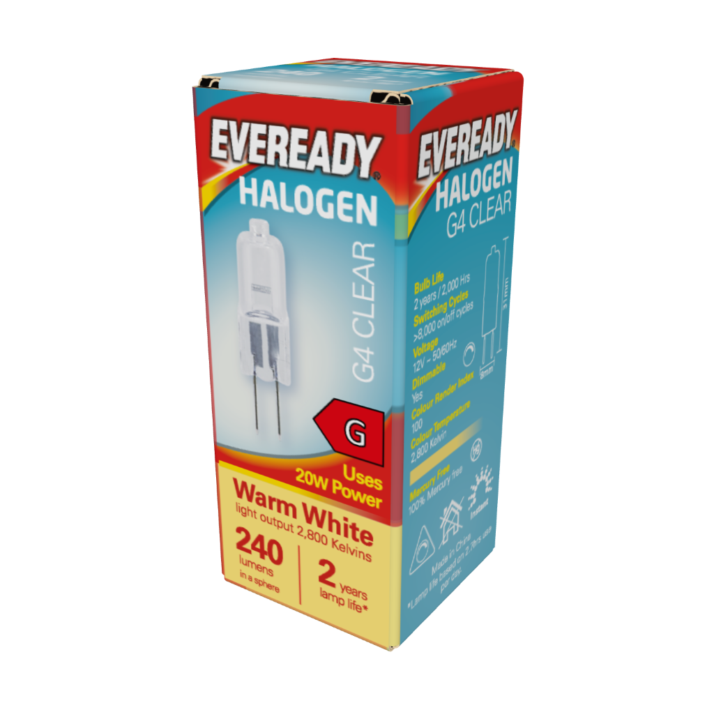 S807 Eveready Halogen G4 280lm 20W 2,800K (Warm White), Box of 1