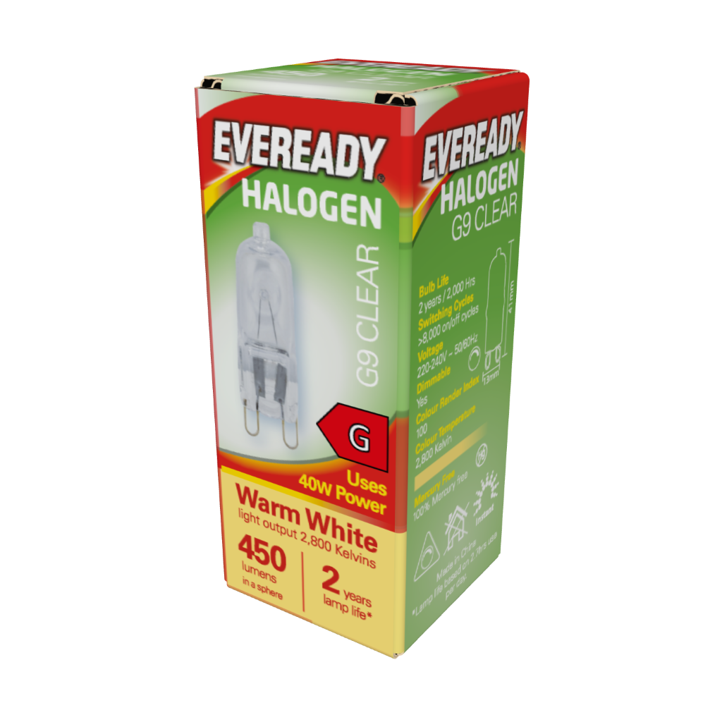S818 Eveready Halogen G9 450lm 40W 2,800K (Warm White), Box of 1