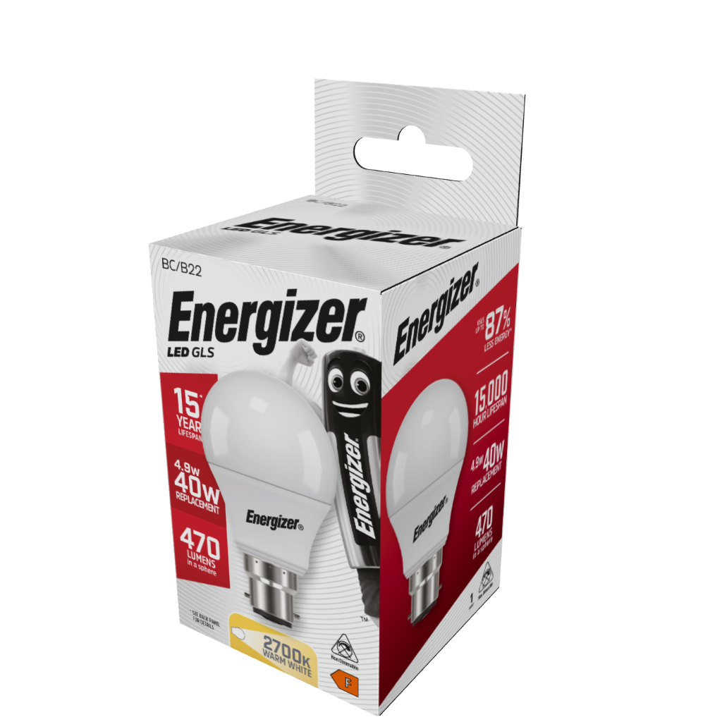 S8857 Energizer LED GLS B22 (BC) 470lm 4.9W 2,700K (Warm White), Box of 1