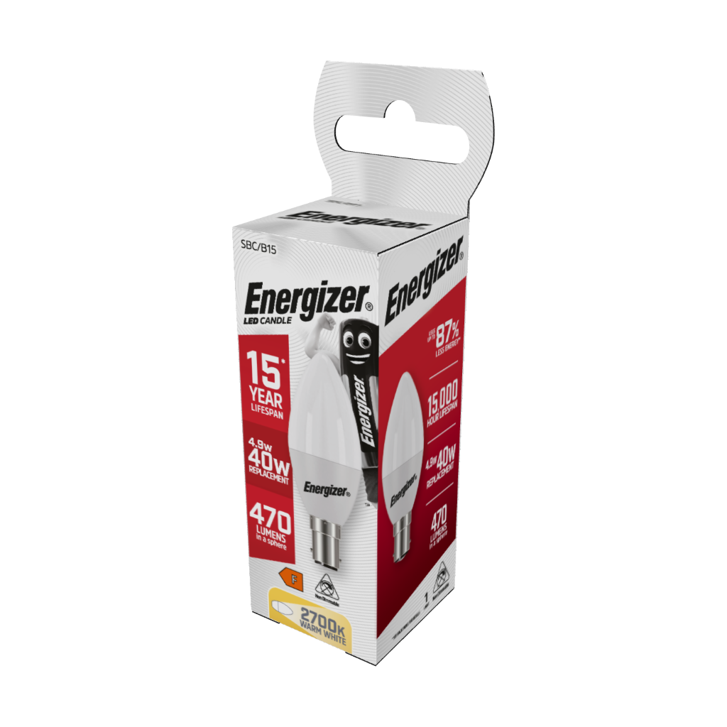 S8878 Energizer LED Candle B15 (SBC) 470lm 4.9W 2,700K (Warm White), Box of 1