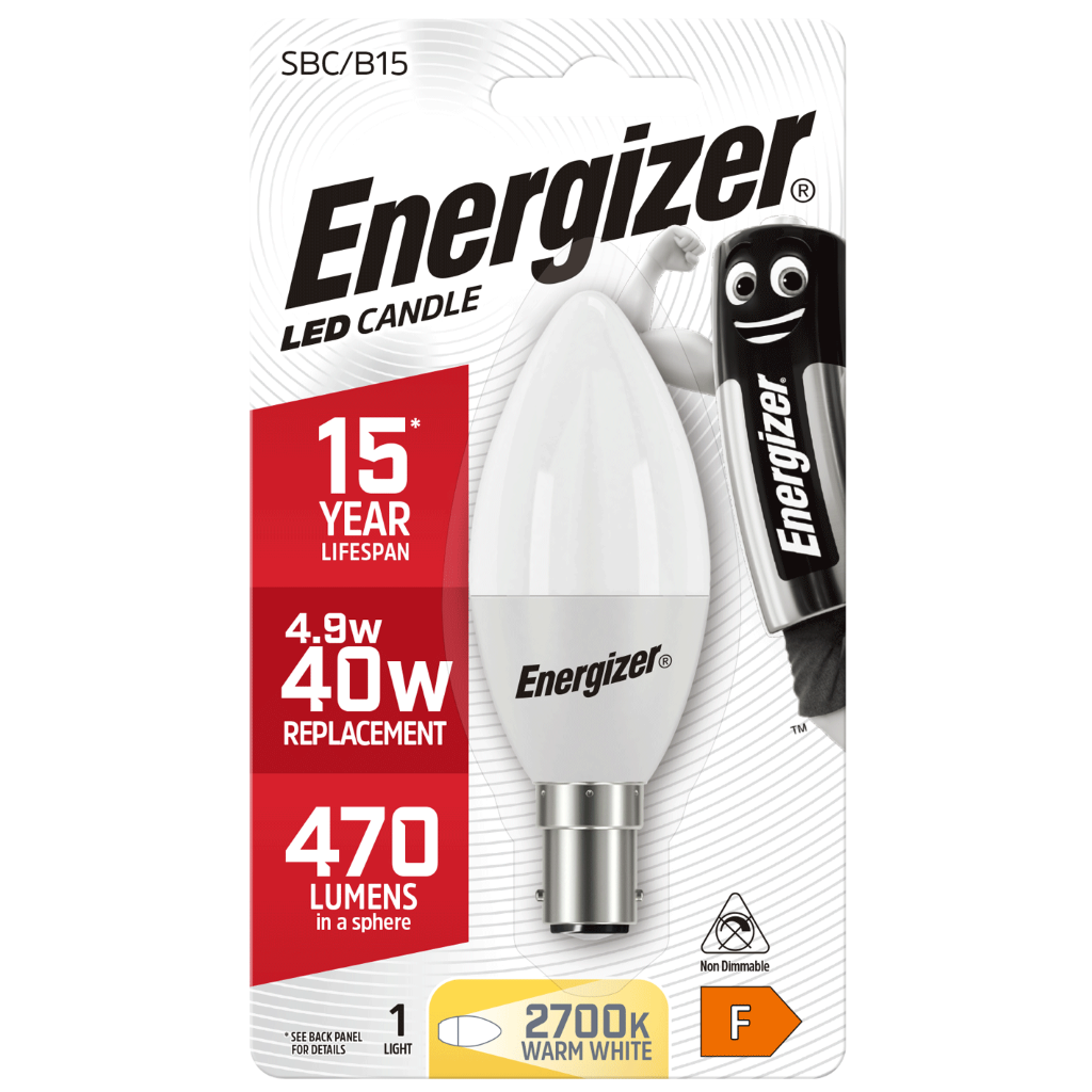 S8879 Energizer LED Candle B15 (SBC) 470lm 4.9W 2,700K (Warm White), Blister of 1