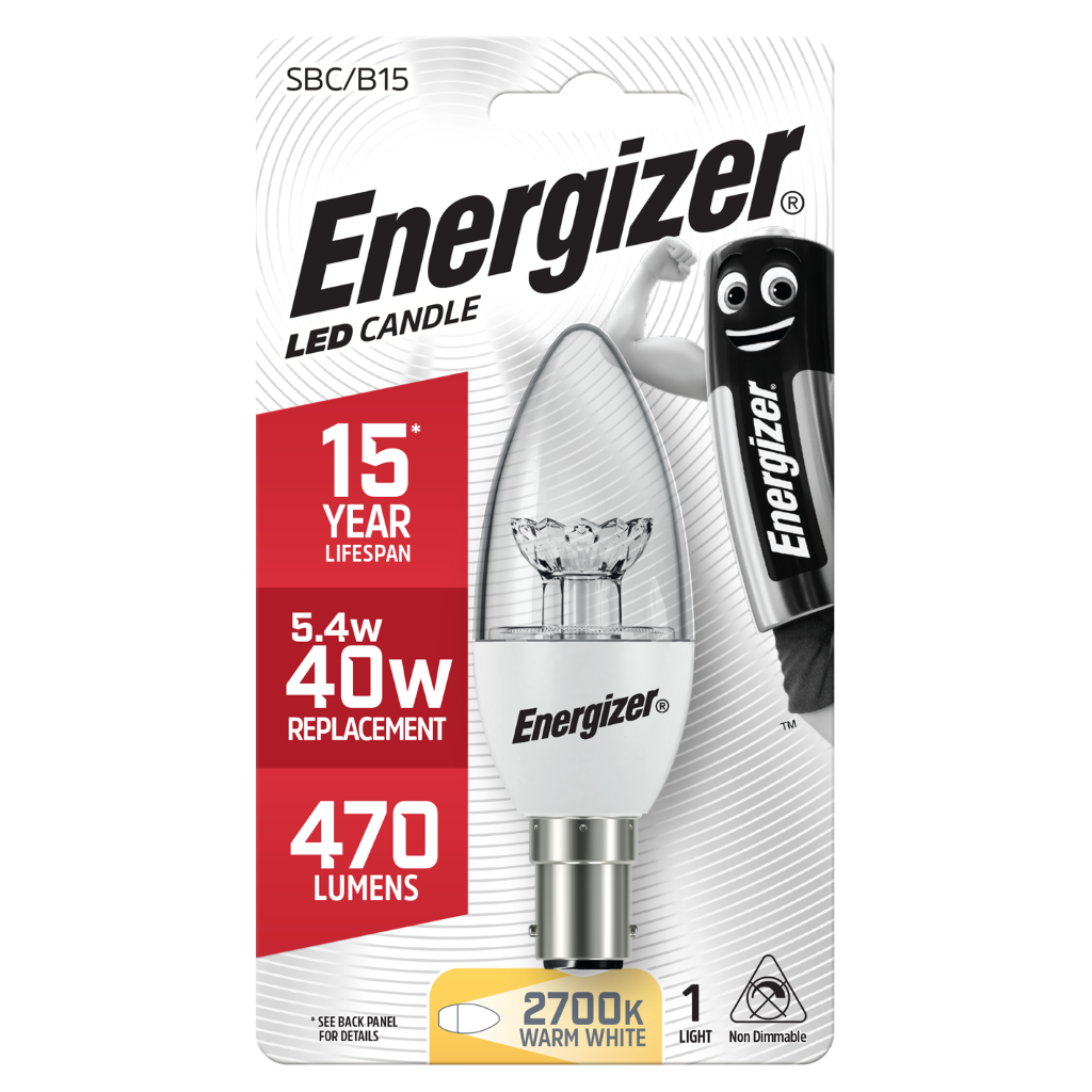S8904 Energizer LED Candle B15 (SBC) 470lm 5.4W 2,700K (Warm White), Blister Of 1