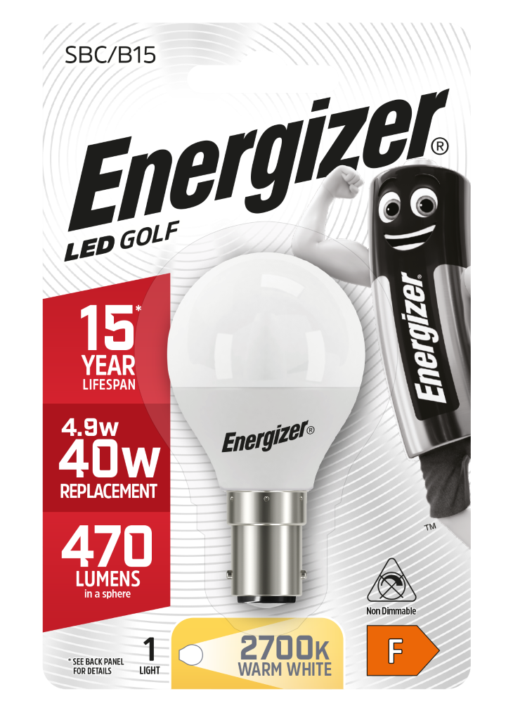 S8909 Energizer LED Golf B15 (SBC) 470lm 4.9W 2,700K (Warm White), Blister of 1