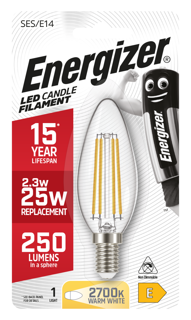 S9028 Energizer LED Filament Candle E14 (SES) 250lm 2.3W 2,700K (Warm White), Blister of 1