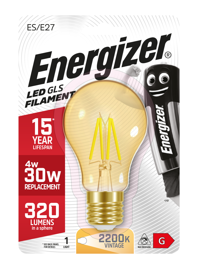 S9430 Energizer LED Filament Gold GLS E27 (ES) 320lm 4W 2,200K (Warm White), Blister of 1
