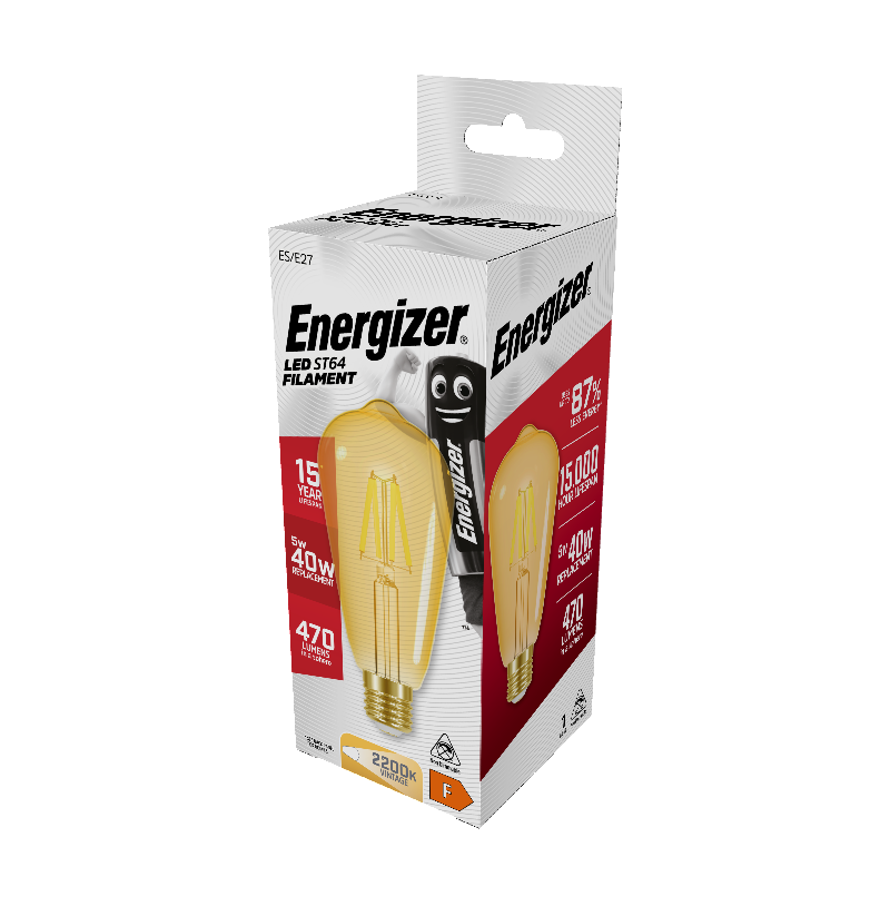 S9433 Energizer LED Filament Gold ST64 E27 (ES) 470lm 5W 2,200K (Warm White), Box of 1