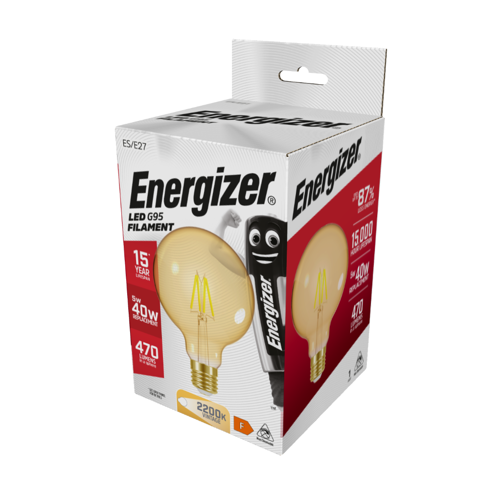 S9434 Energizer LED Filament Gold G95 E27 (ES) 470lm 5W 2,200K (Warm White), Box of 1