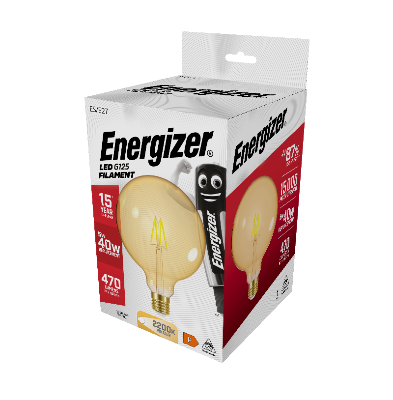 S9435 Energizer LED Filament Gold G125 E27 (ES) 470lm 5W 2,200K (Warm White) Box of 1