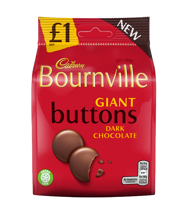T0670 Cadburys Dark Bournville giant Buttons - Price Marked - 95g Bag (10 Pack)