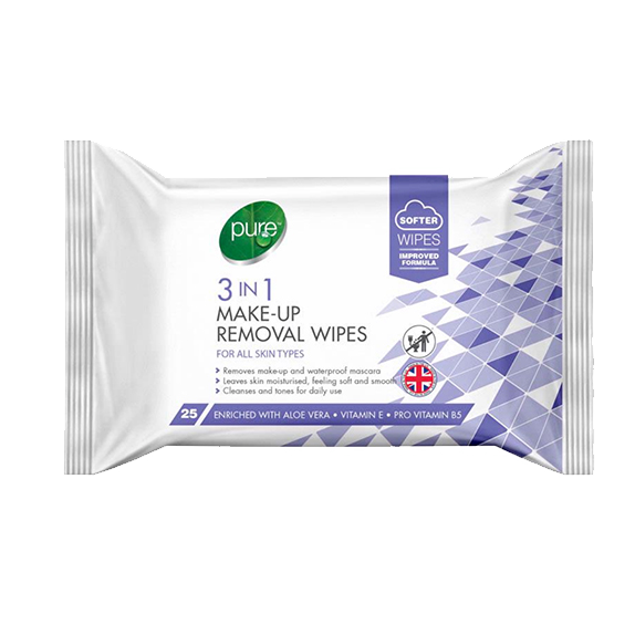 T1014 Pure 3-In-1 Make Up Remover Face Wipes - 25 Per Pack (12 Pack)